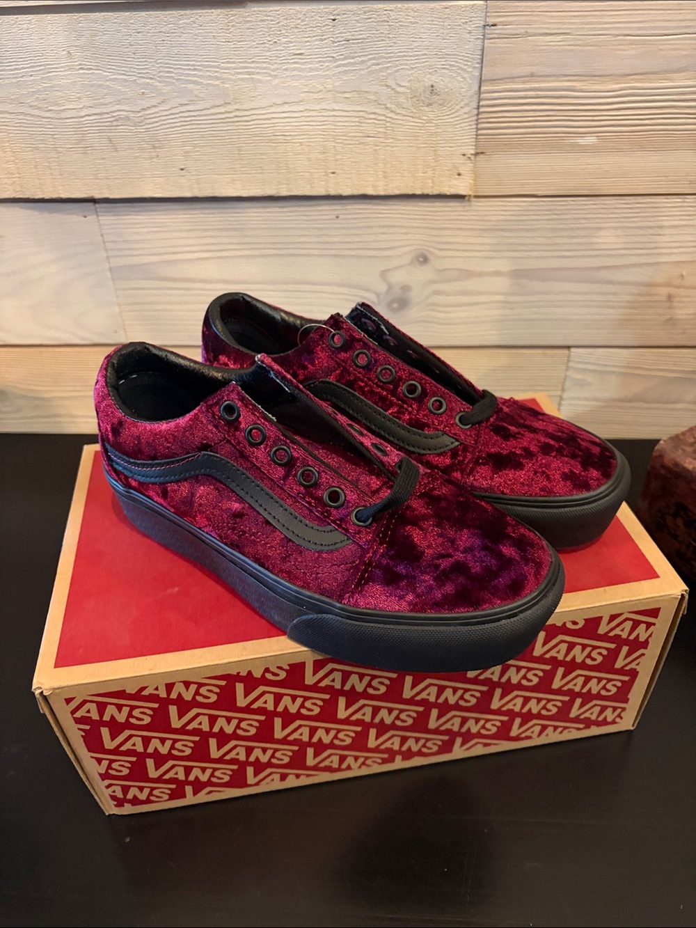 Vans Velvet Slip-On Style Sneakers in Burgundy with Black Trim platform